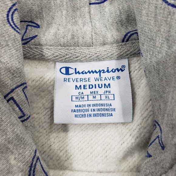 Champion Reverse Weave Mens Medium M Hoodie Sweatshirt Gray Grey Logo All Over - Picture 4 of 12